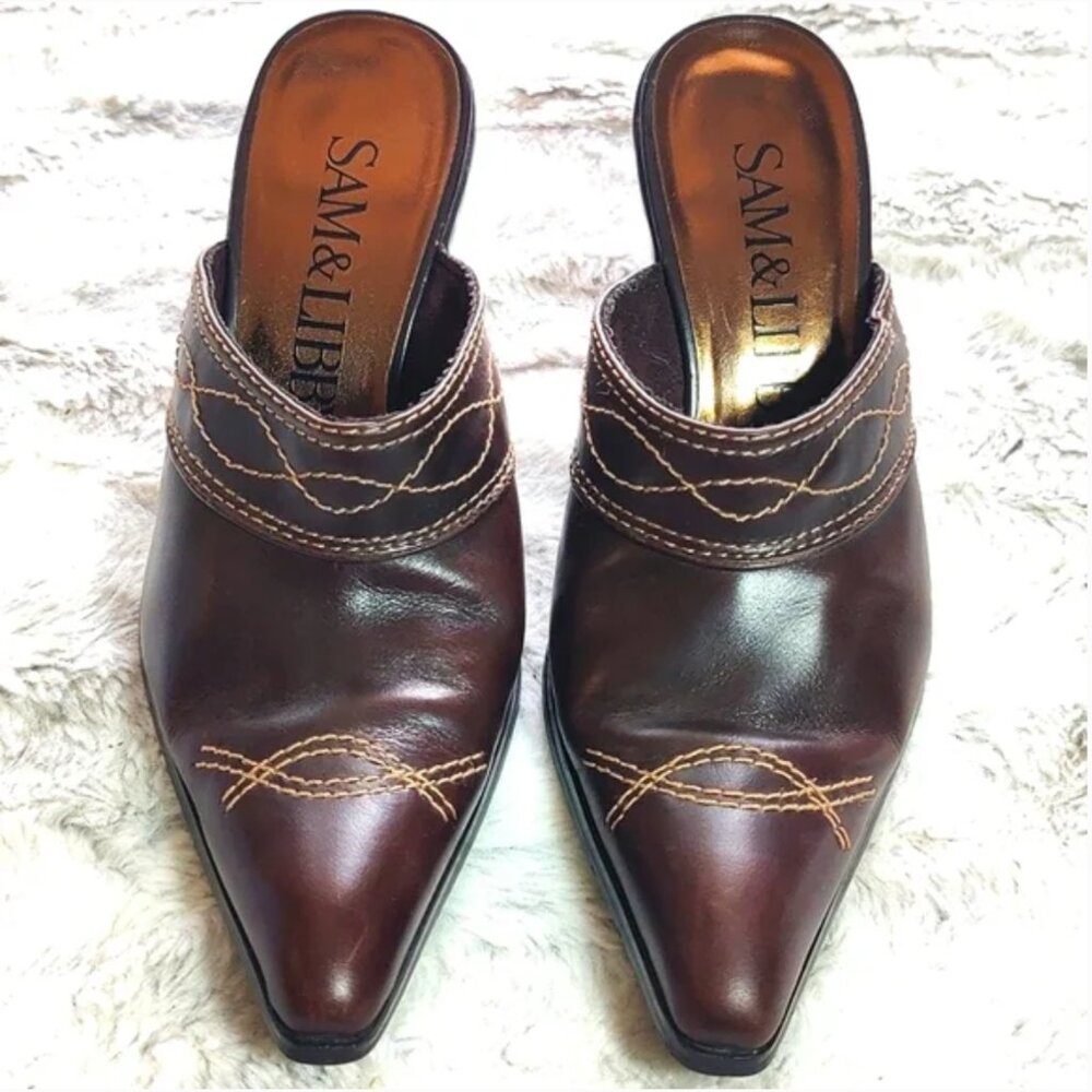 Sam&Libby Brown Pointed Heeled Mules Shoes Womens Size 6